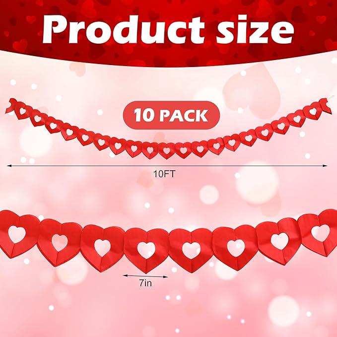10Pcs Valentines Day Heart Garland Banner 100Ft Red Paper Hanging Party Decor