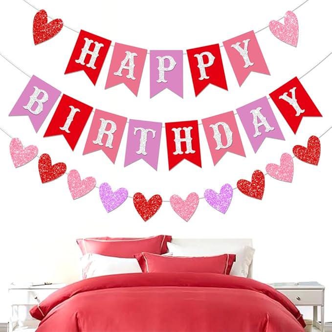 Valentines Day Birthday Banner Red Pink Garland Happy Valentines Party Decor