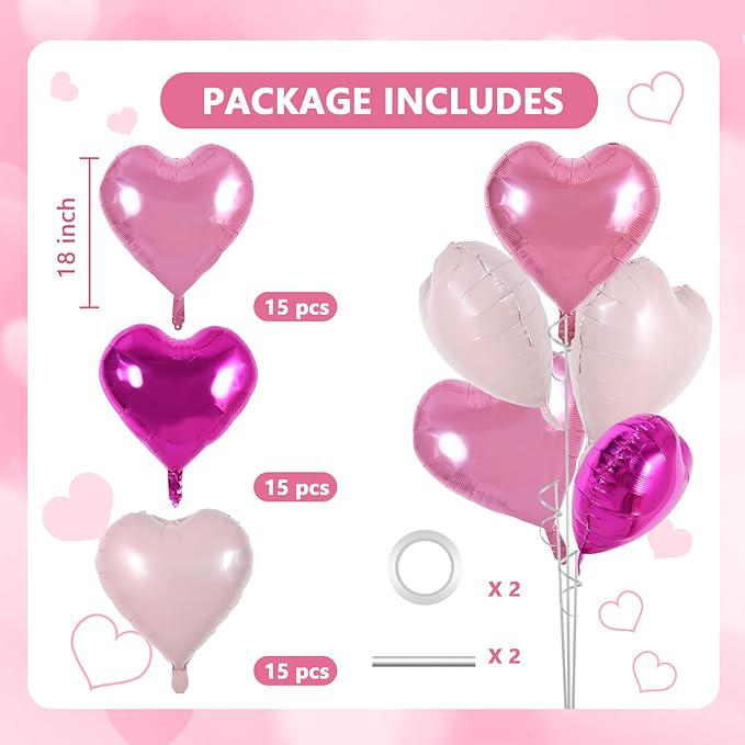 30Pcs 18 Inch Rose Hot Pink Light Pink Heart Balloons Birthday Valentines Party Decor