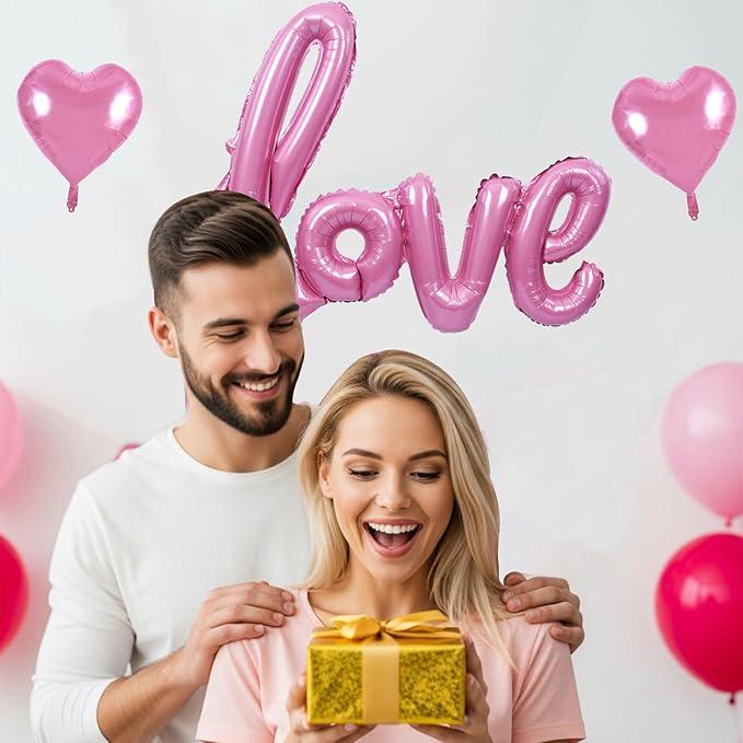 Pink LOVE Foil Balloon Banner with Heart Balloons, Party Decor