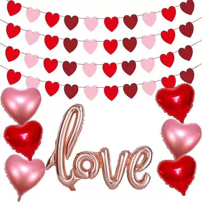 Valentines Day Decor Set: Felt Heart Garland, Rose Gold Love Balloon