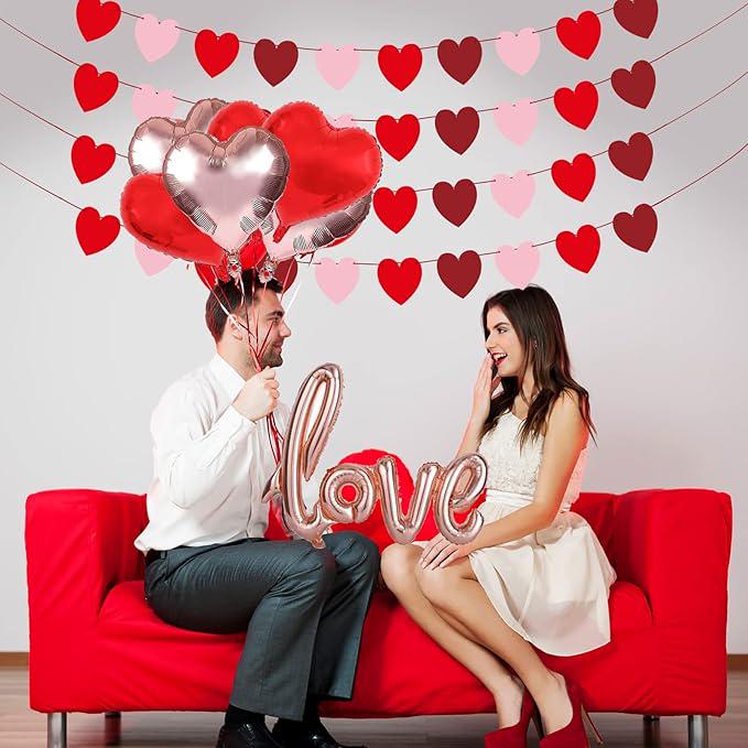 Valentines Day Decor Set: Felt Heart Garland, Rose Gold Love Balloon