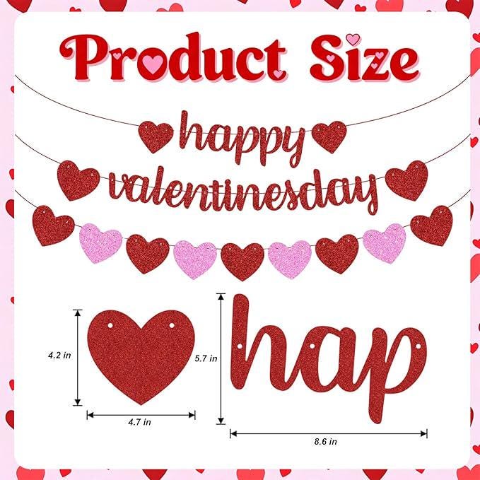Glitter Happy Valentines Day Banner Red Pink Heart Garland Valentines Party Home Decor