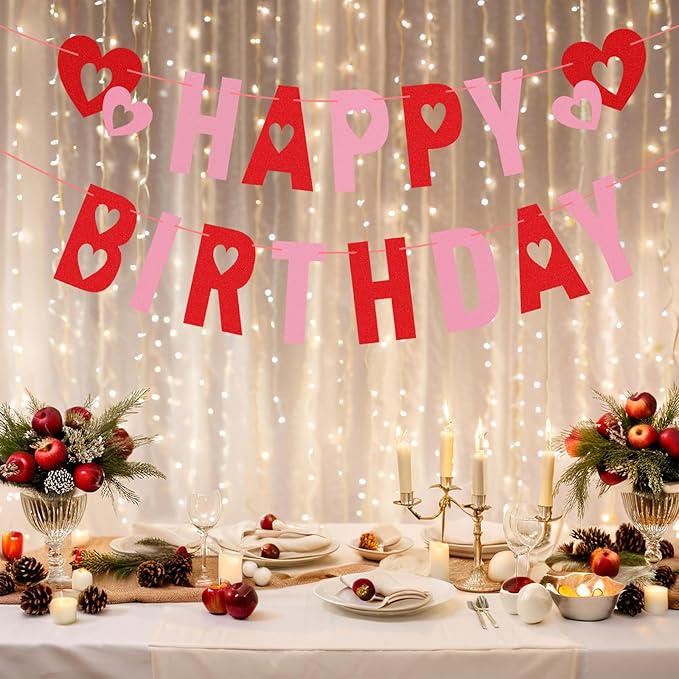 Valentines Day Birthday Banner Glitter Heart Hanging Banner Party Home Decor
