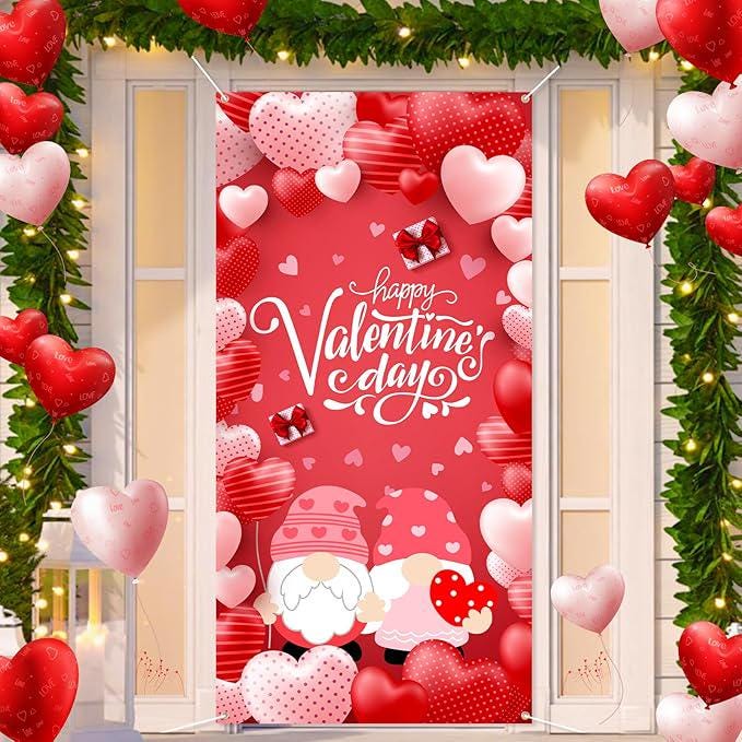 Large Valentines Day Door Cover 6x29 Ft Happy Banner Hearts Gnomes Party Decor