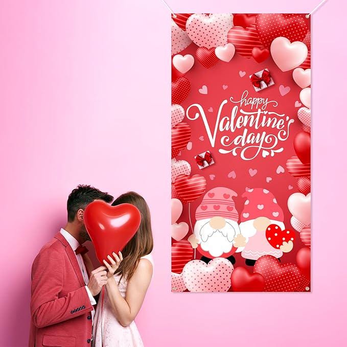 Large Valentines Day Door Cover 6x29 Ft Happy Banner Hearts Gnomes Party Decor