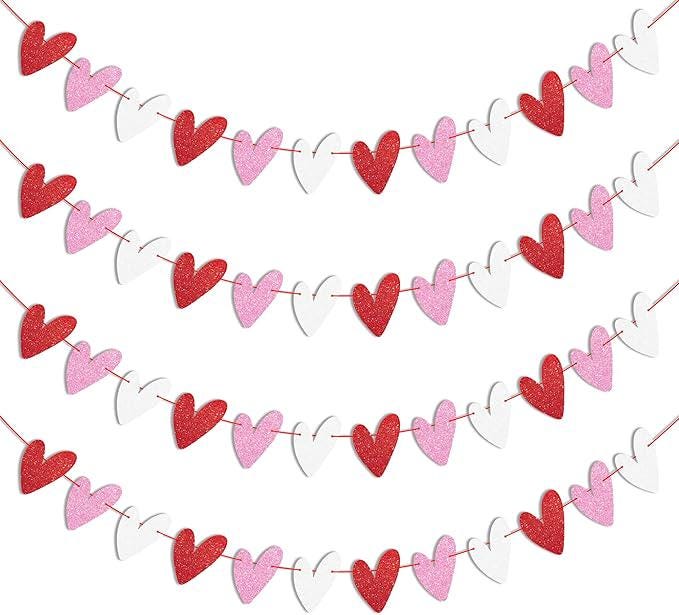 4 Pack Glitter Heart Garland Banner Red Pink White Valentines Home Party Decor