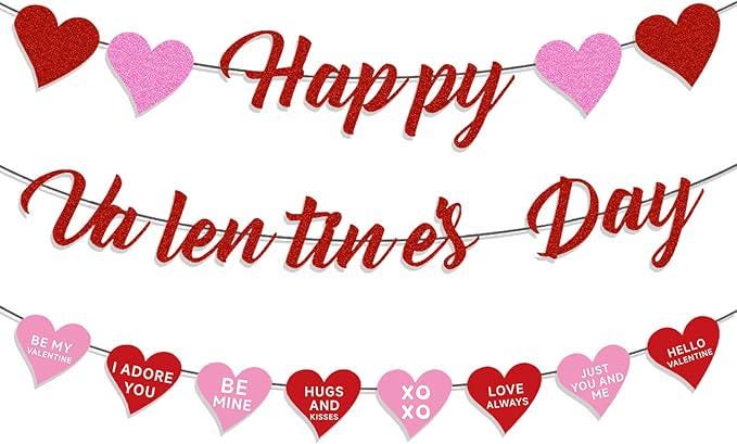 Red Pink Glitter Happy Valentines Conversation Heart Banner Home Office Decor