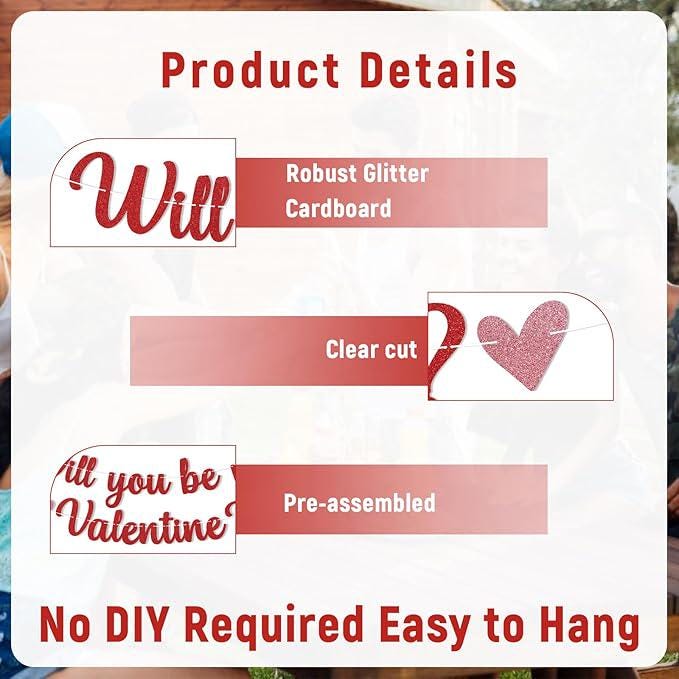 Will You Be My Valentine Banner Red Glitter Romantic Valentines Party Decor