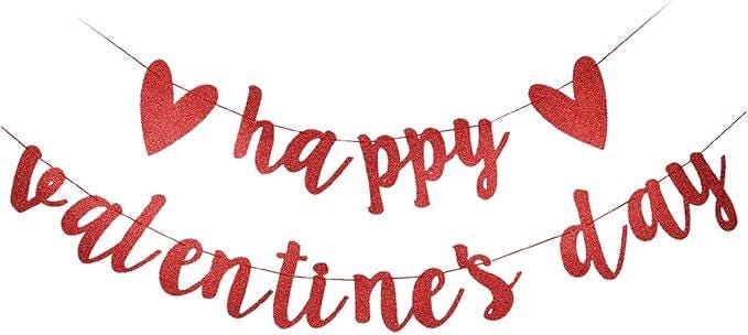 Happy Valentines Day Banner Red Glitter Letters Heart Party Decor for Home Wedding