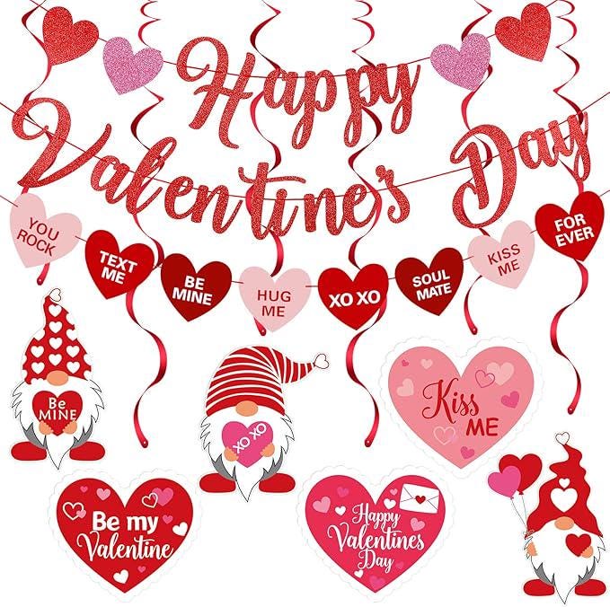 Red Happy Valentines Day Banner Hanging Heart Swirl Valentines Party Decor