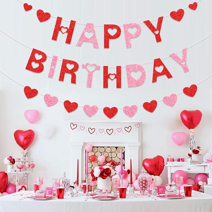 Happy Birthday Banner Red Pink Galentine Glitter Heart Party Decor