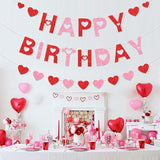 Happy Birthday Banner Red Pink Galentine Glitter Heart Party Decor