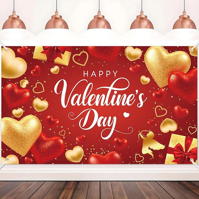 Happy Valentines Day Backdrop Banner Red Gold Heart Romantic Party Decor