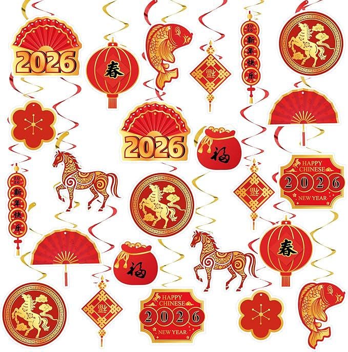22PC Chinese New Year 2026 Hanging Swirls Red Gold Horse Ceiling Party Decor