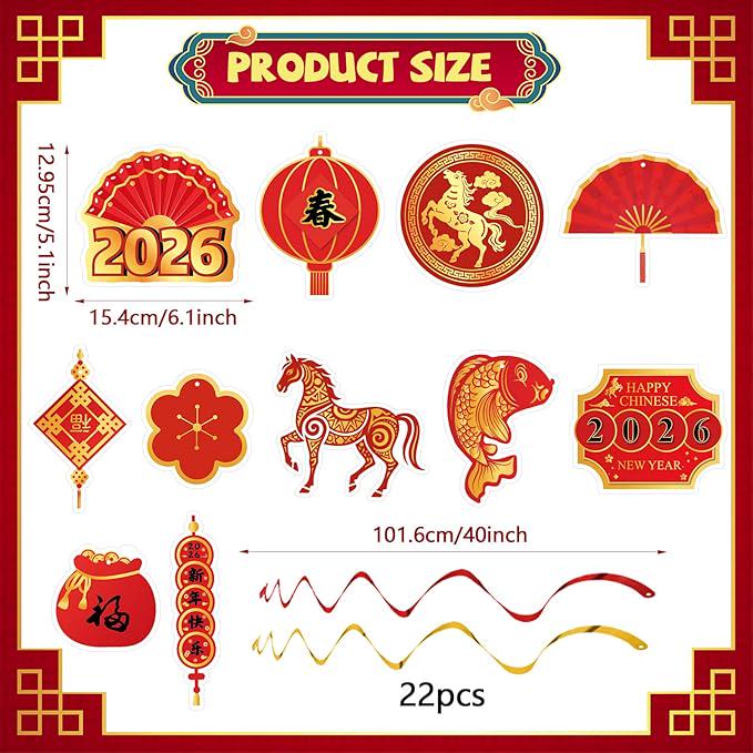 22PC Chinese New Year 2026 Hanging Swirls Red Gold Horse Ceiling Party Decor