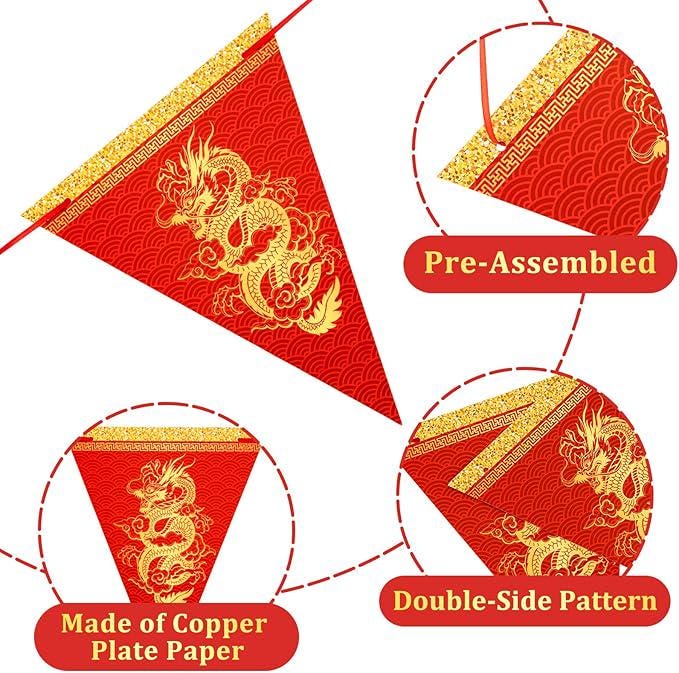 2026 Chinese New Year 20PC Red Gold Dragon Pennant Banner Lunar Festival Decor