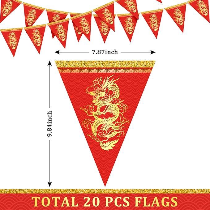2026 Chinese New Year 20PC Red Gold Dragon Pennant Banner Lunar Festival Decor