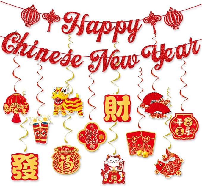 14pcs Chinese New Year Hanging Swirls Banner Snake Year Ceiling Decor