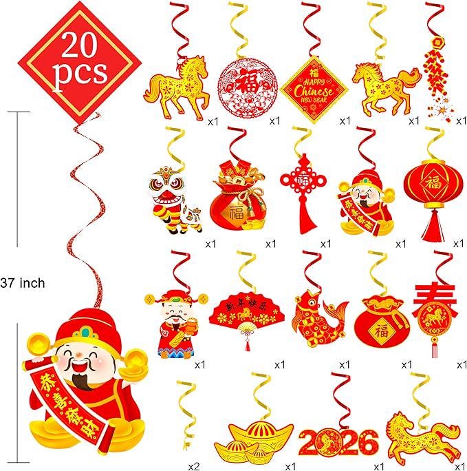 20pcs Chinese New Year 2026 Hanging Swirls Horse Ceiling Streamers Decor