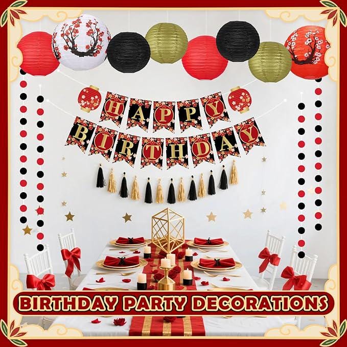 14pcs Hibachi Party Decorations Red Black Gold Lanterns Cherry Blossom Banner