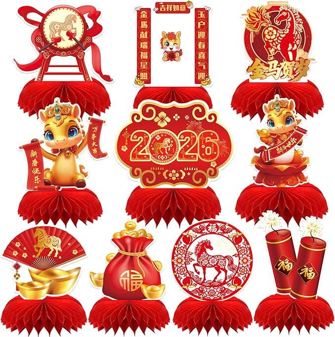 10 Pcs 2026 Lunar New Year Honeycomb Centerpieces Red Gold Table Toppers