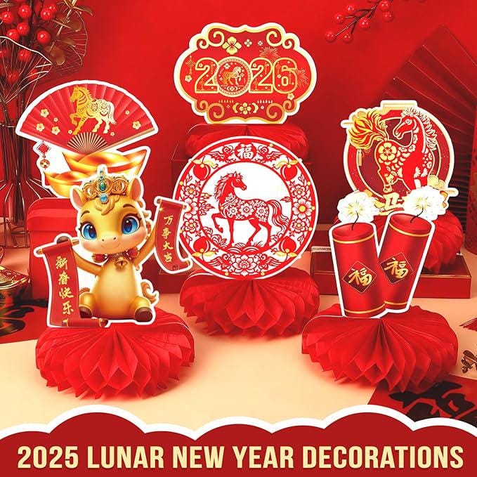 10 Pcs 2026 Lunar New Year Honeycomb Centerpieces Red Gold Table Toppers