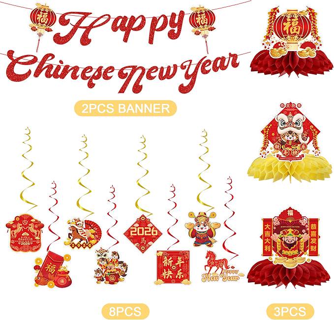 2026 Chinese New Year Banner Hanging Swirls Honeycomb Centerpieces Year of the Horse