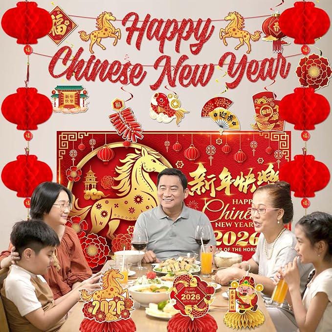2026 Chinese New Year Decorations Banner Swirls Honeycomb Centerpieces Paper Lanterns