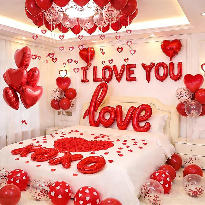1100 Pcs Valentines Day Balloons Kit Red Hearts Silk Rose Petals Romantic Party Decor