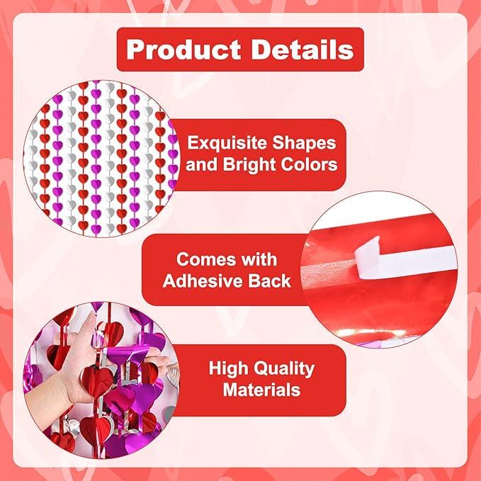 2 Pack Valentines Day Heart Foil Fringe Curtains 3.3x6.6ft Party Backdrop Decor
