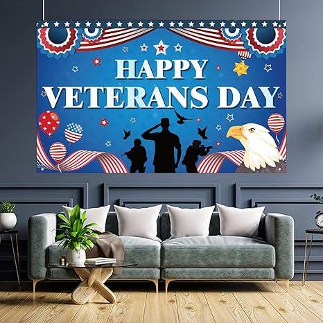 Veterans Day Backdrop Banner, Patriotic Eagle & Soldier Design (71x43 Inch)