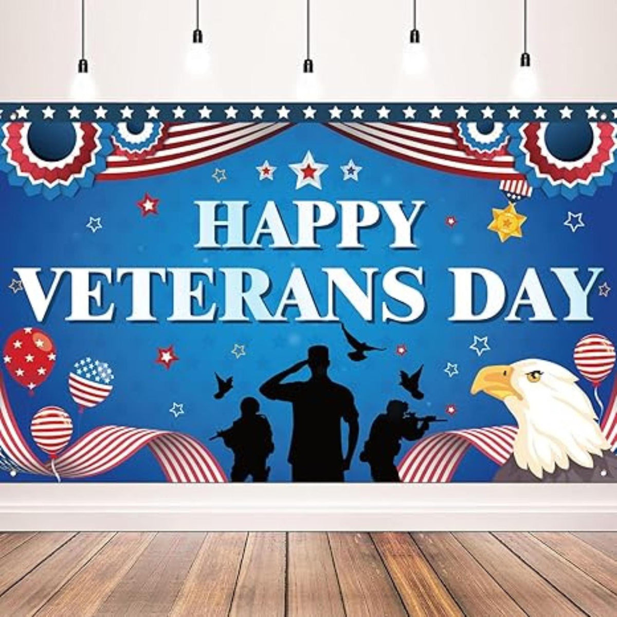 Veterans Day Backdrop Banner, Patriotic Eagle & Soldier Design (71x43 Inch)
