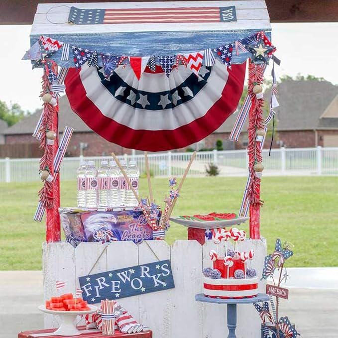Pleated Fan Flag Bunting (2 Pack) - Patriotic 3x1.5 ft American Banner