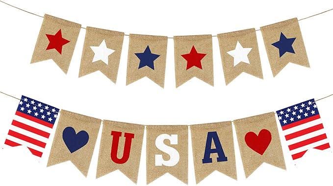 Rustic Burlap USA Banner, Patriotic Star Garland