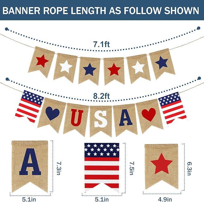 Rustic Burlap USA Banner, Patriotic Star Garland