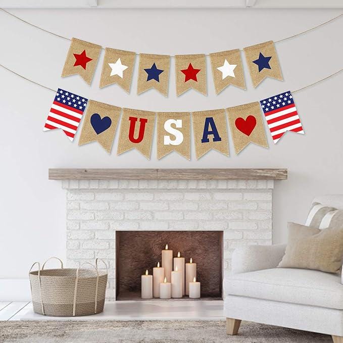 Rustic Burlap USA Banner, Patriotic Star Garland