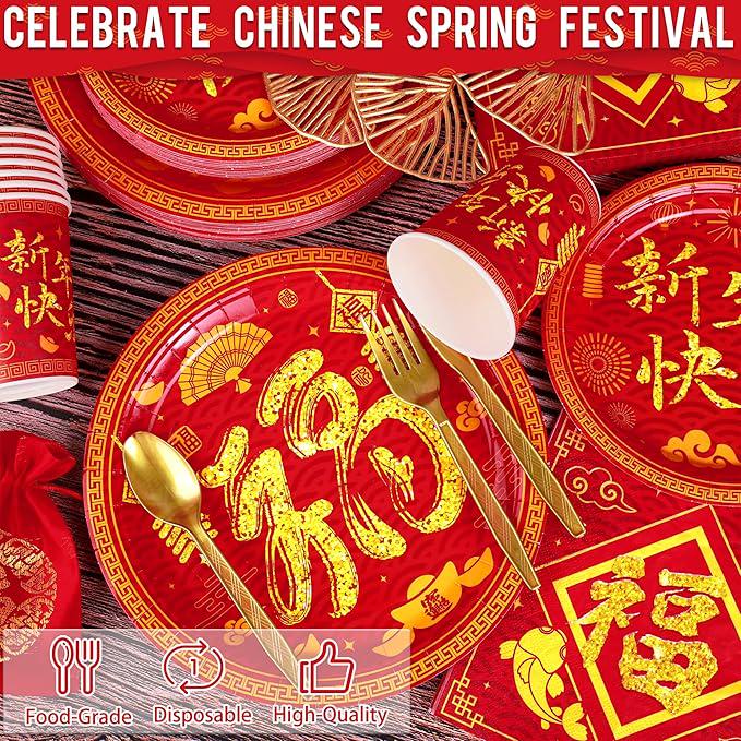 168 Pcs Chinese New Year Party Tableware Set Happy 2026 Horse For 24 Guests