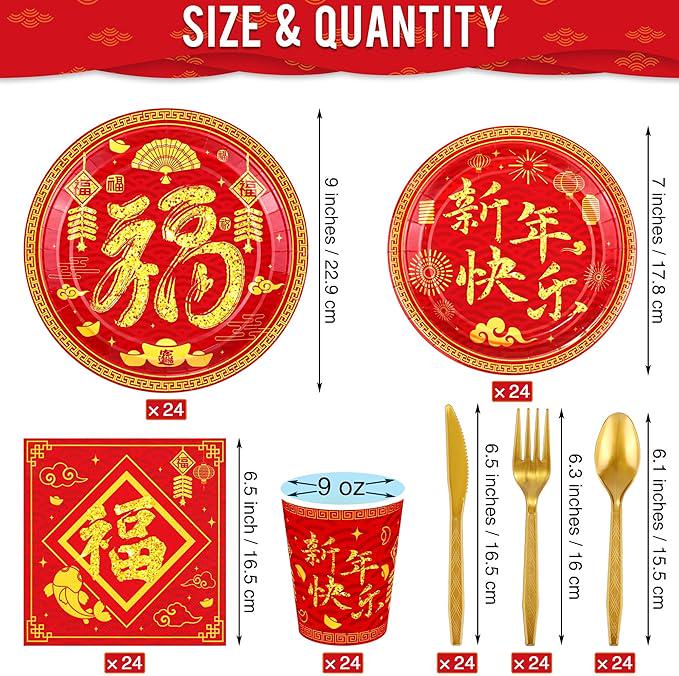 168 Pcs Chinese New Year Party Tableware Set Happy 2026 Horse For 24 Guests