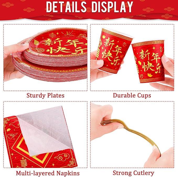 168 Pcs Chinese New Year Party Tableware Set Happy 2026 Horse For 24 Guests