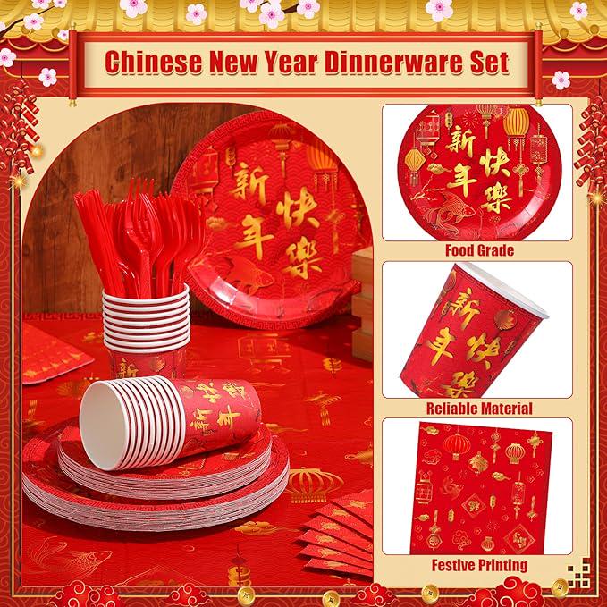 171 Pcs Chinese New Year Party Supplies Kit For 24 Guests Disposable Tableware