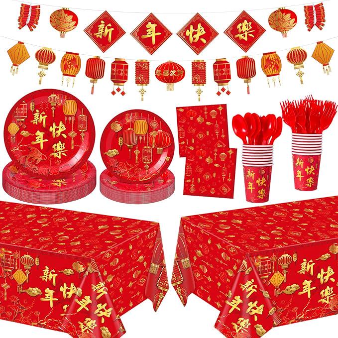 171 Pcs Chinese New Year Party Supplies Kit For 24 Guests Disposable Tableware