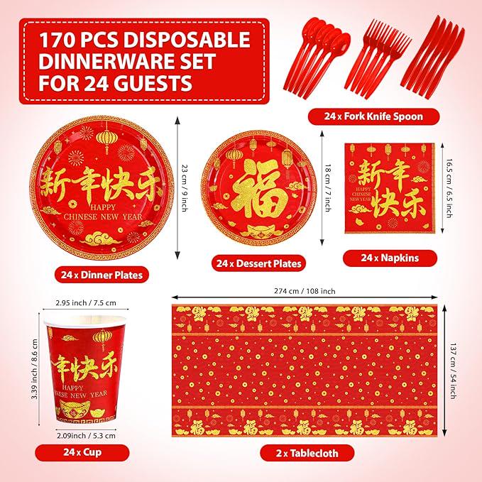 170 Pcs Chinese New Year Party Supplies Red Gold Tableware Set For 24 Guests