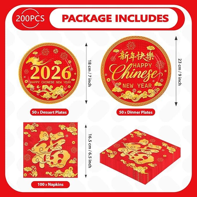 200 Pcs Chinese New Year Party Supplies Disposable Tableware Set For 50 Guests