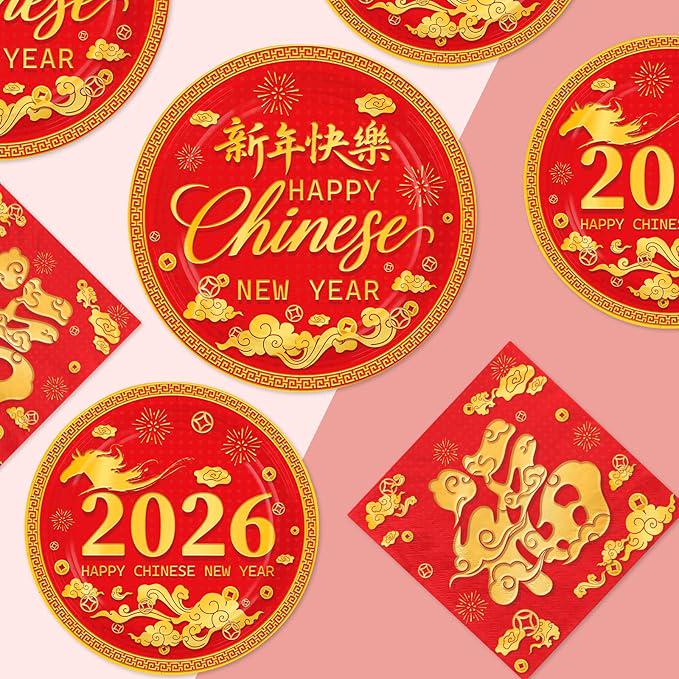 200 Pcs Chinese New Year Party Supplies Disposable Tableware Set For 50 Guests