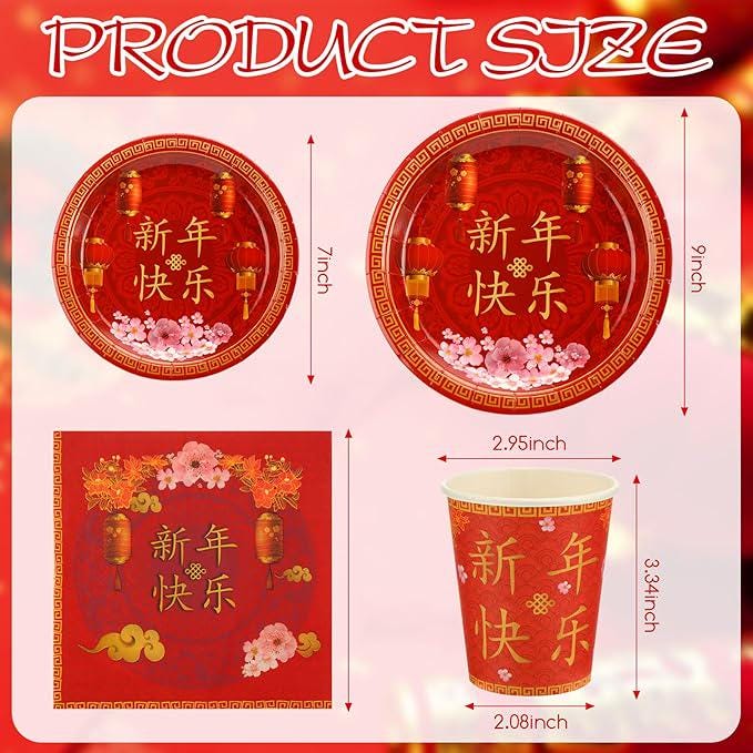200 Pcs Chinese New Year Party Supplies Paper Plates Napkins Cups For 50 Guests