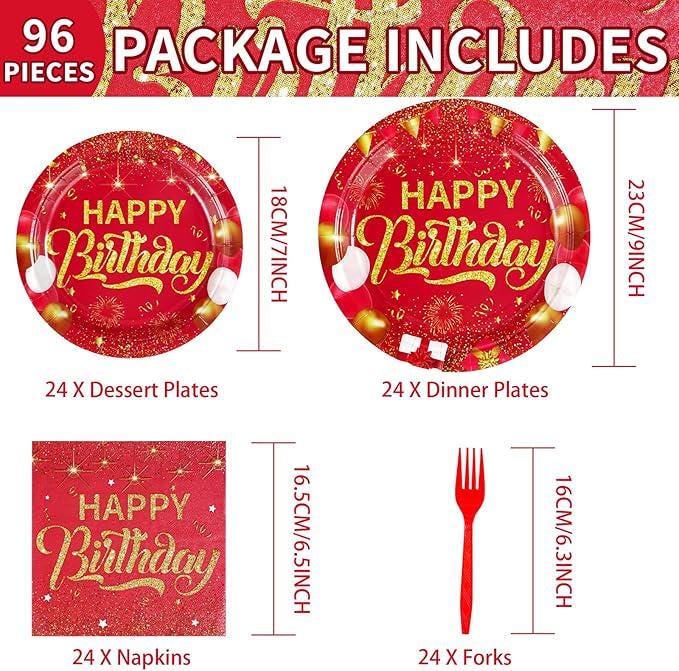 96 Pcs Red Gold Party Plates Napkins Disposable Tableware Set For 24 Guests