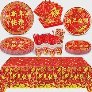 193 Pcs Chinese New Year Party Supplies Disposable Tableware Set For 24 Guests