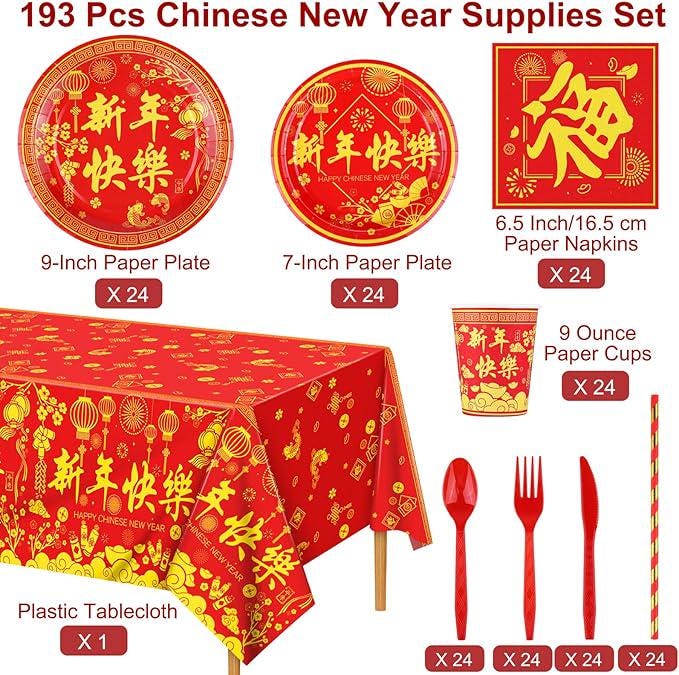 193 Pcs Chinese New Year Party Supplies Disposable Tableware Set For 24 Guests