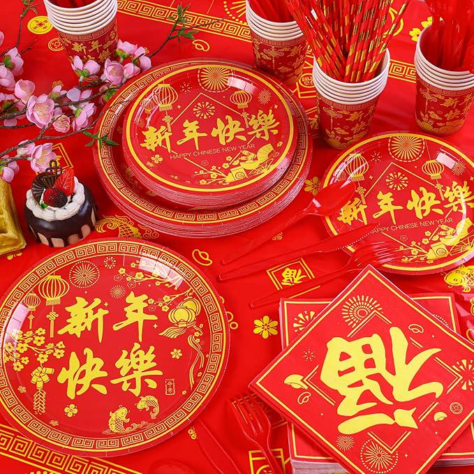 193 Pcs Chinese New Year Party Supplies Disposable Tableware Set For 24 Guests